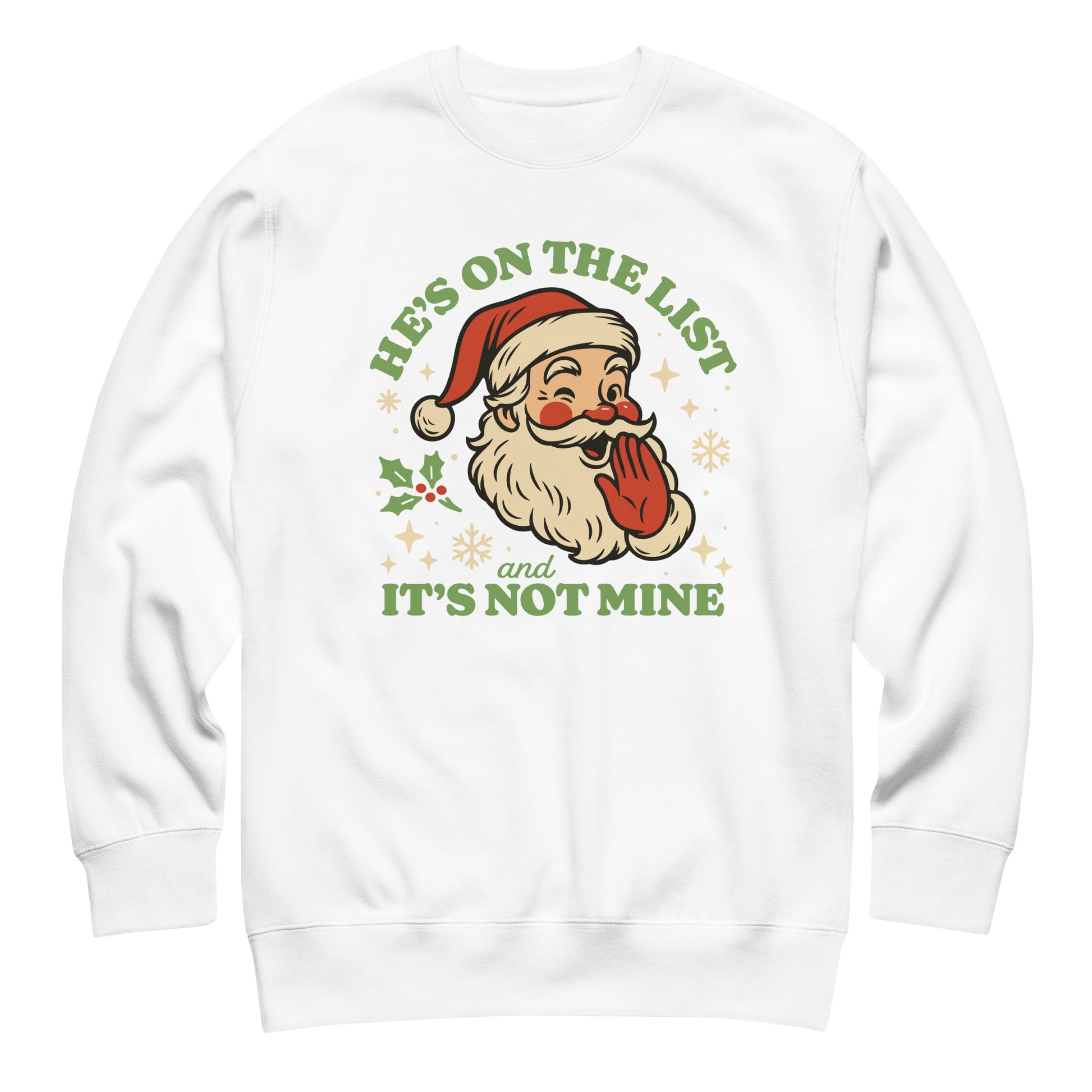 White crewneck sweatshirt featuring the full retro Santa print with holiday snowflakes and warm pastel styling.