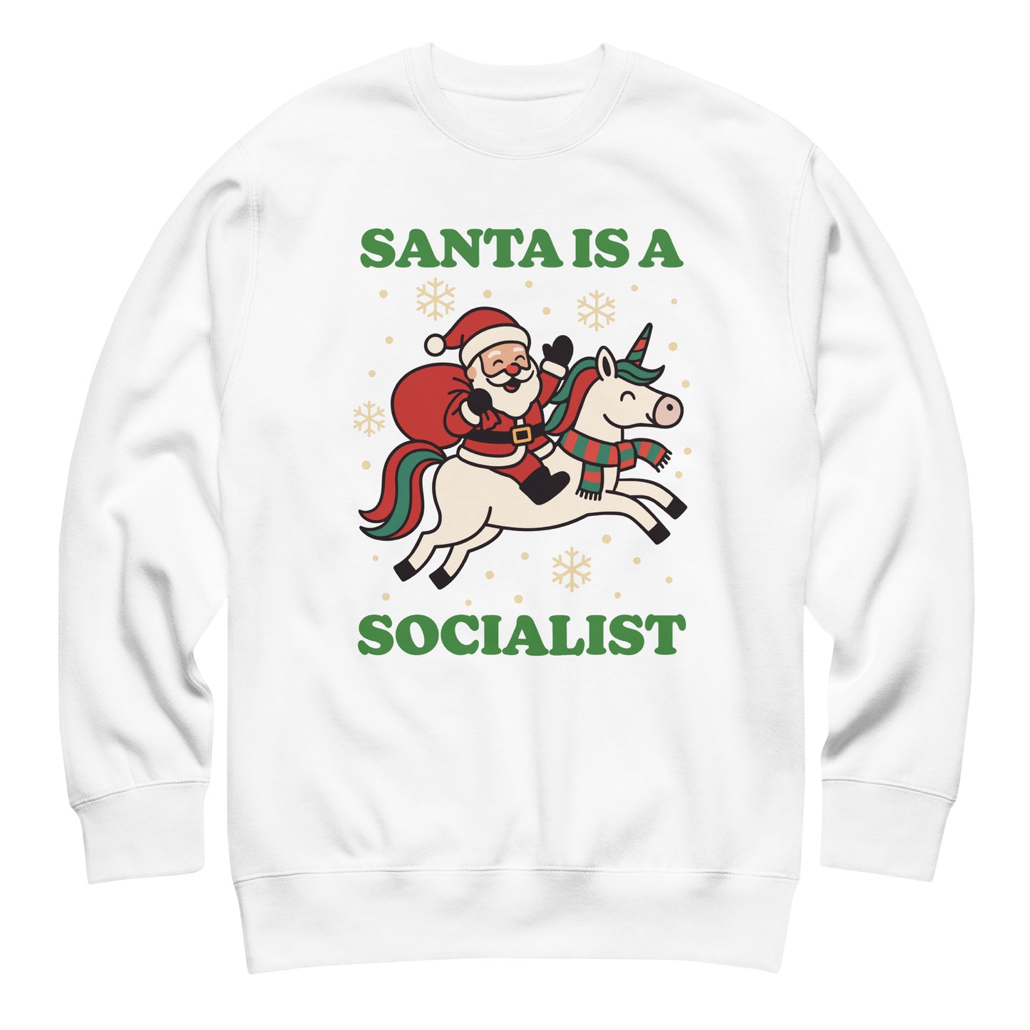 White sweatshirt featuring a vintage Santa riding a unicorn with decorative stars and the printed message “SANTA IS A SOCIALIST” in green.