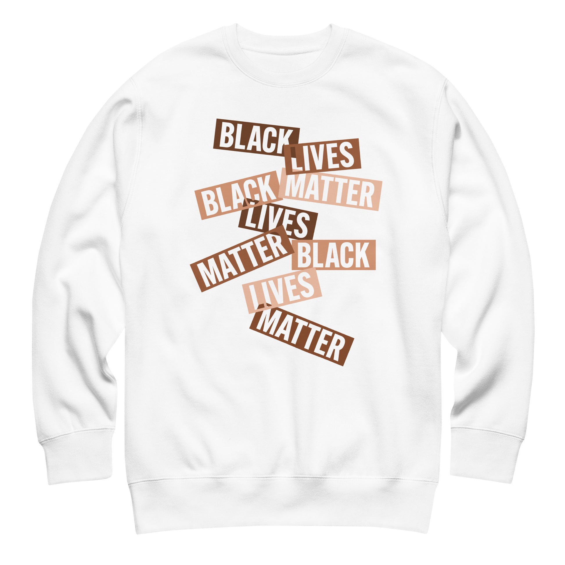 White sweatshirt featuring scattered brown word strips spelling “BLACK LIVES MATTER,” arranged in a playful, collage-like layout emphasizing racial justice.
