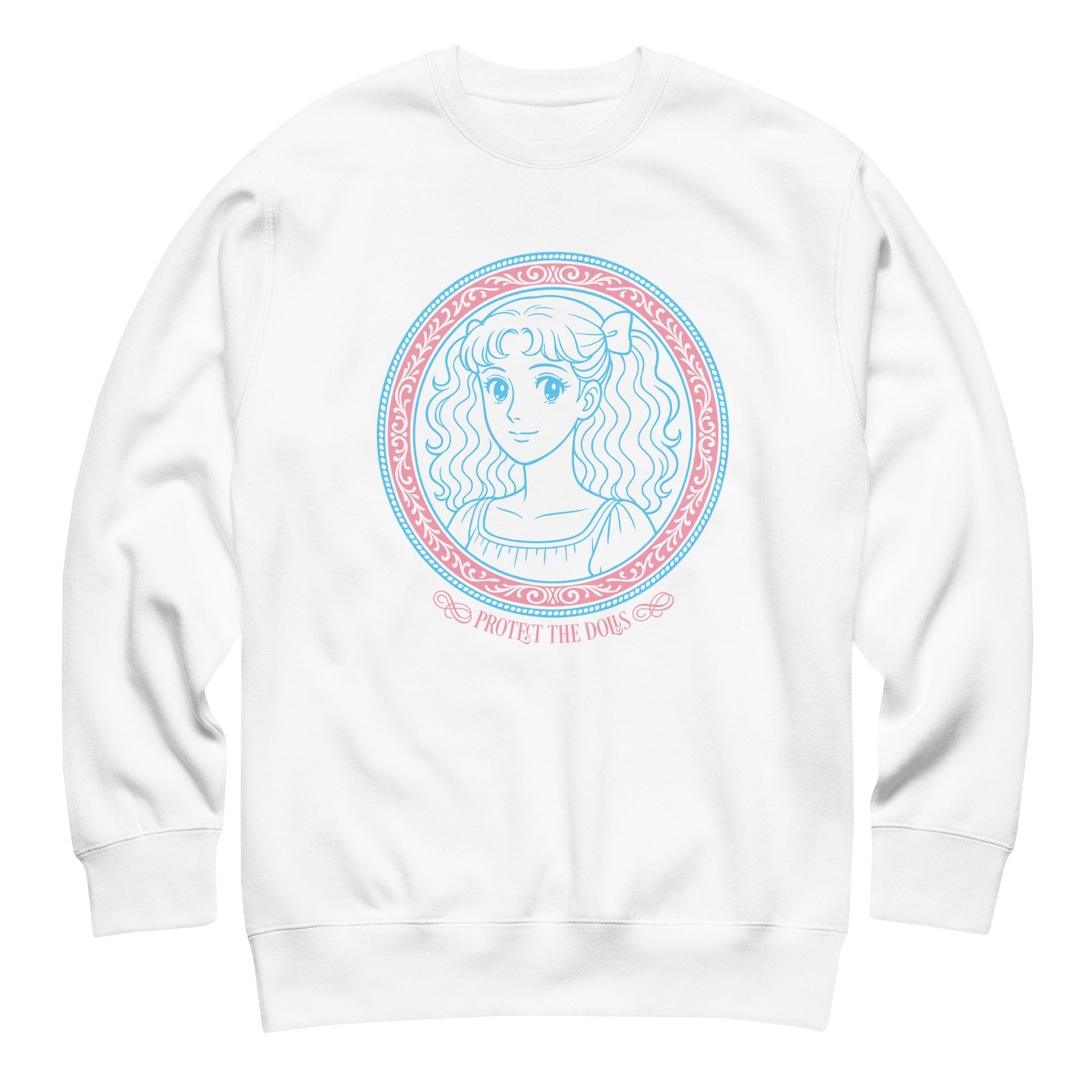White unisex premium sweatshirt featuring pastel blue anime-inspired  portrait, pink circular detailing, and the phrase “Protect The Dolls” by Blue Wave USA.