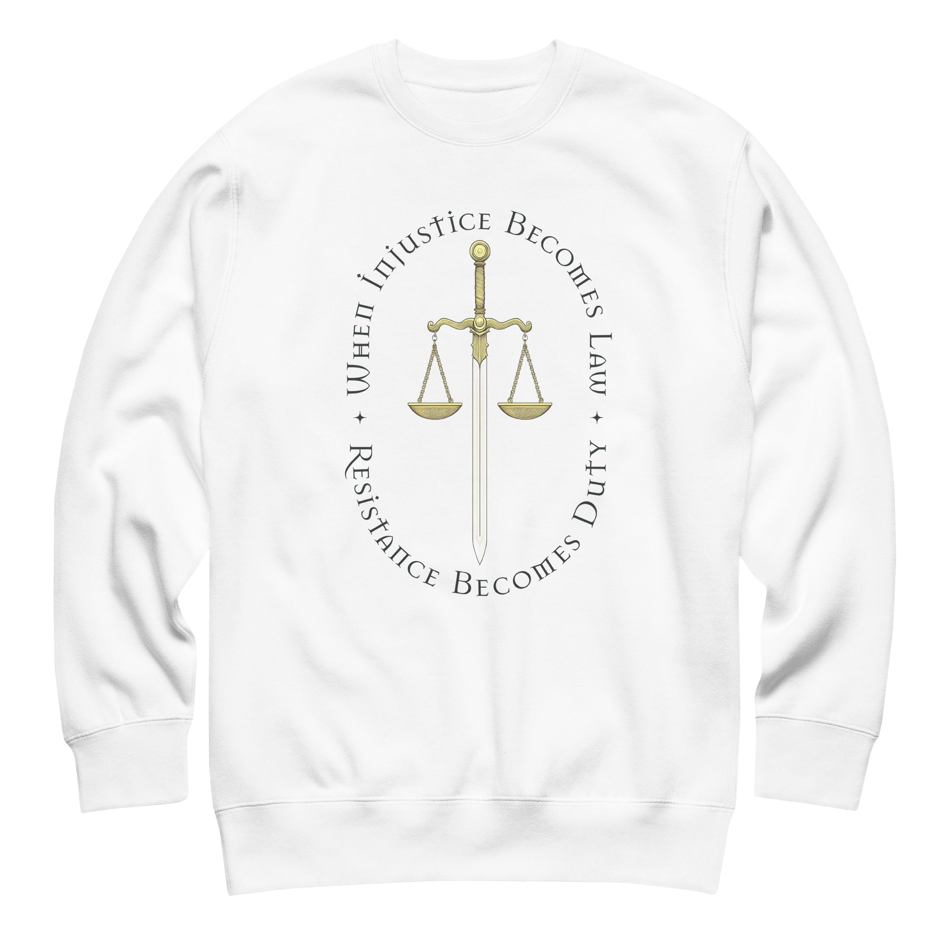 White unisex premium sweatshirt featuring Sword of Justice and scales illustration with circular typography, progressive justice apparel from Blue Wave USA.