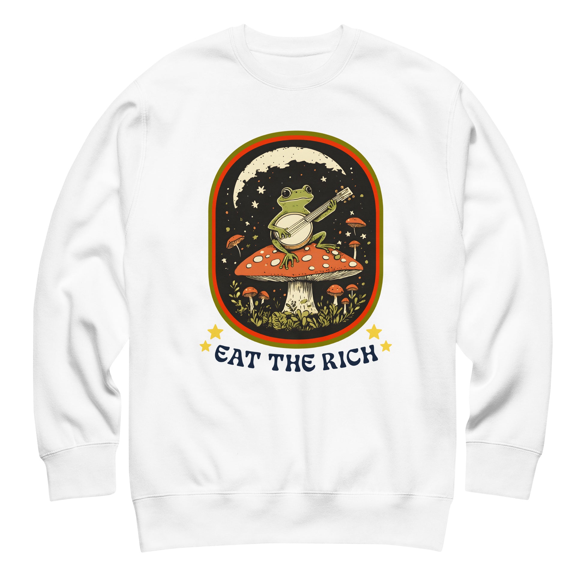 White unisex premium sweatshirt featuring illustrated frog banjo artwork with bold “Eat The Rich” activist protest design.
