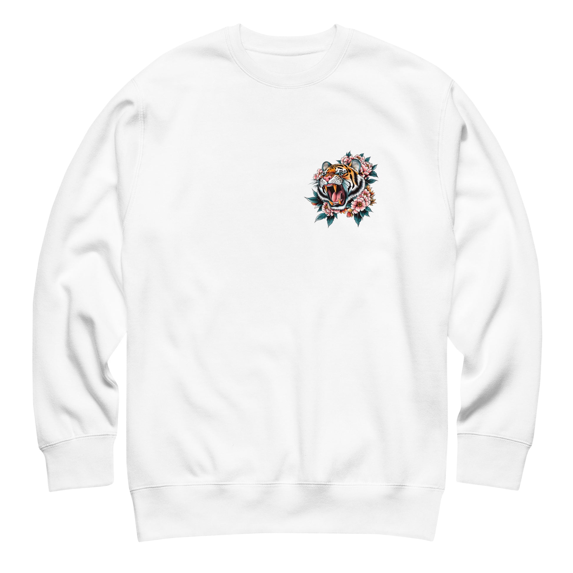 White unisex premium sweatshirt featuring small tiger emblem on chest, coordinating artwork for “Women Don’t Owe You Sh*t” feminist design.