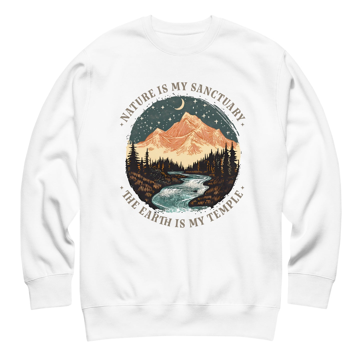 White unisex sweatshirt featuring vintage mountain landscape with trees and river and “Nature Is My Sanctuary” text in outdoor design style.