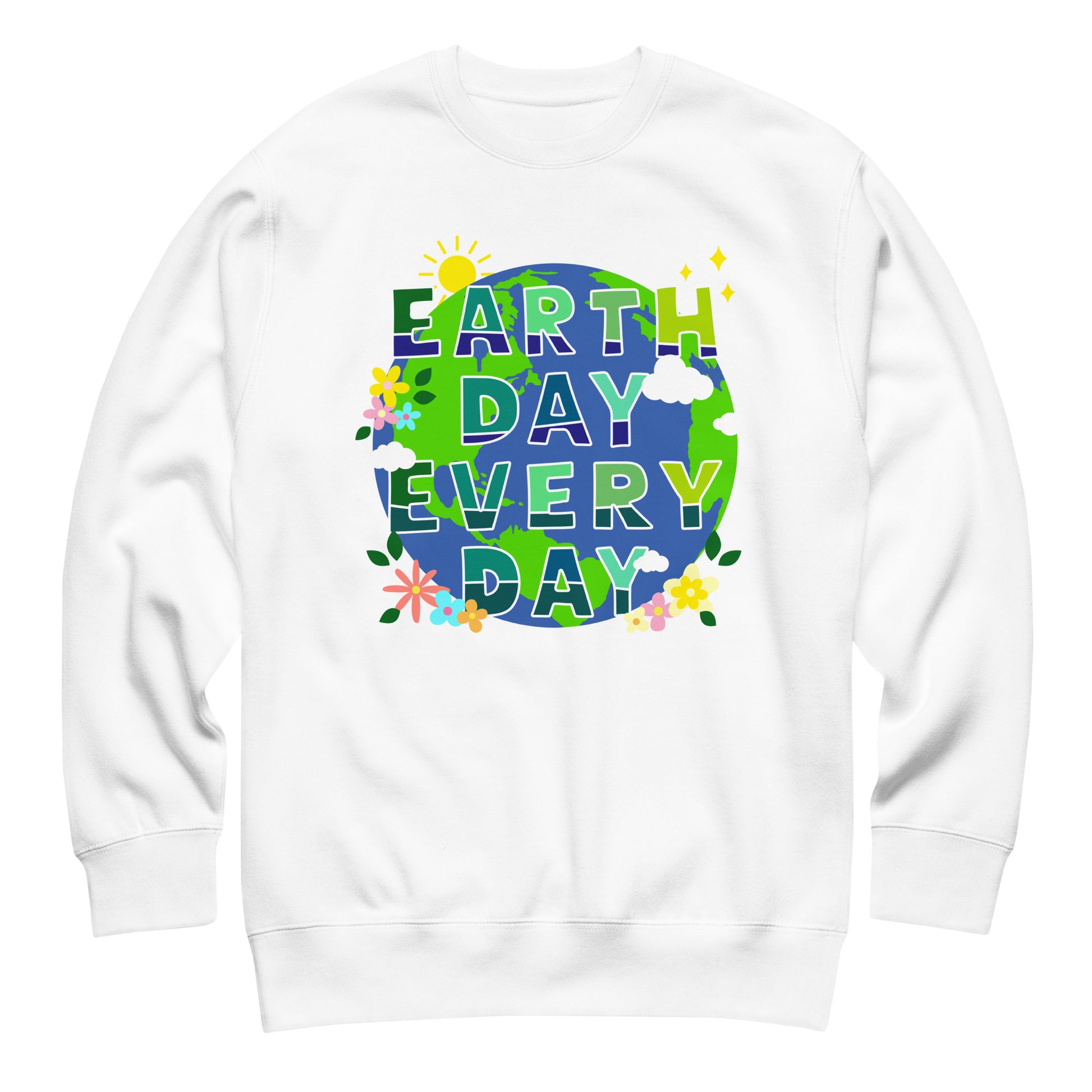 White unisex sweatshirt featuring globe illustration with flowers and “Earth Day Every Day” text in bright nature-inspired apparel design.