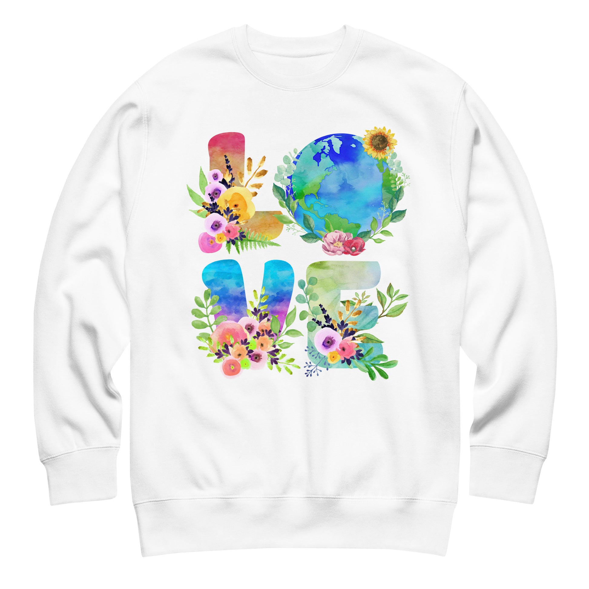 White unisex sweatshirt featuring colorful “LOVE” design with globe, flowers, and leaves in clean environmental awareness aesthetic.