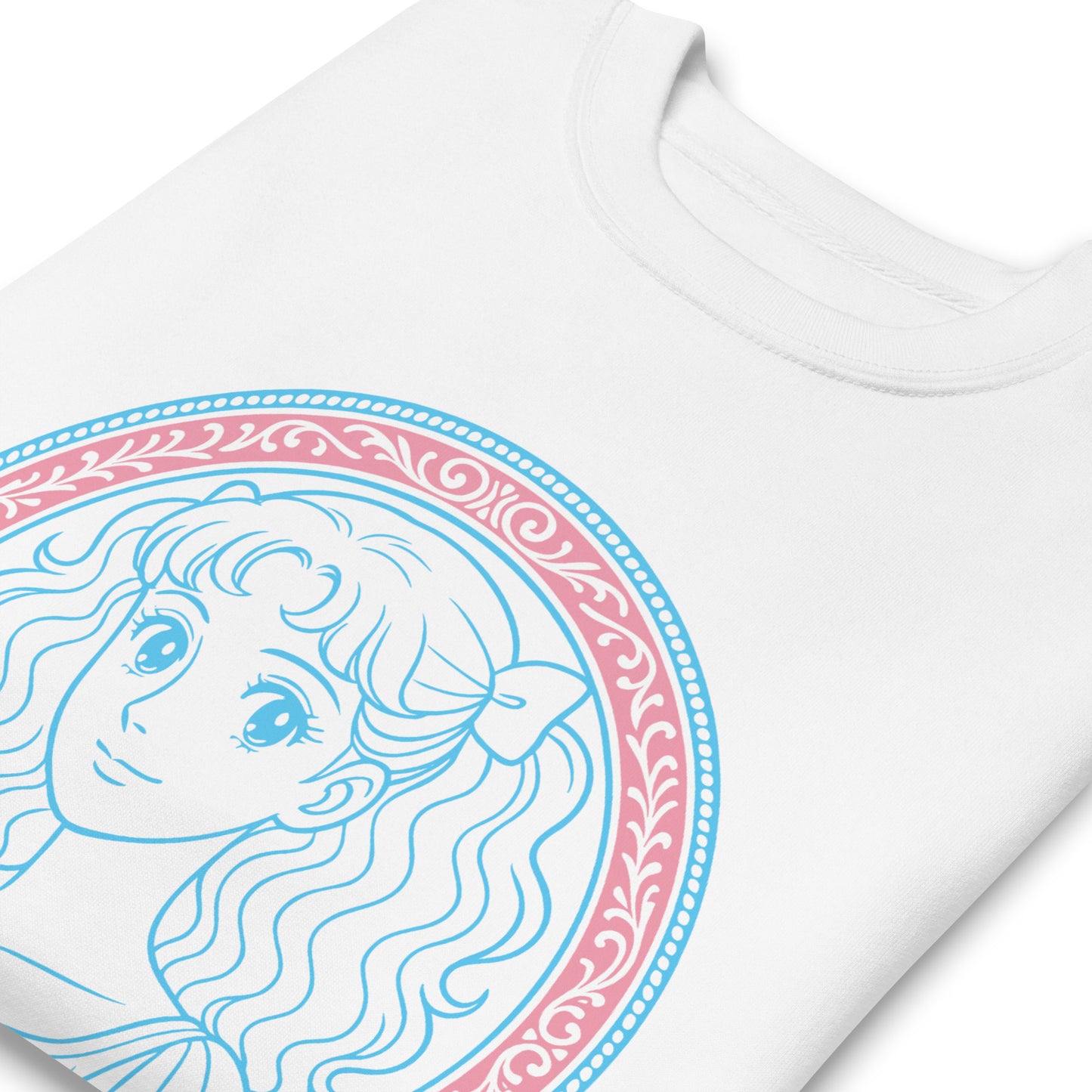 Close-Up of Design: Embellished detail of “Protect The Dolls” graphic on sweatshirt