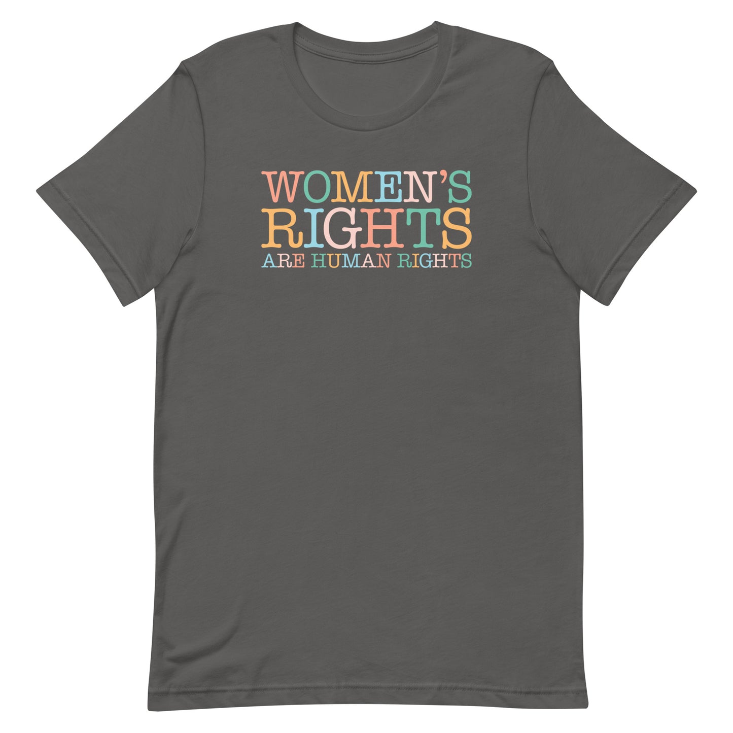 Gray unisex t-shirt featuring vintage-style serif typography reading “WOMEN’S RIGHTS ARE HUMAN RIGHTS,” feminist activist clothing from Blue Wave USA.