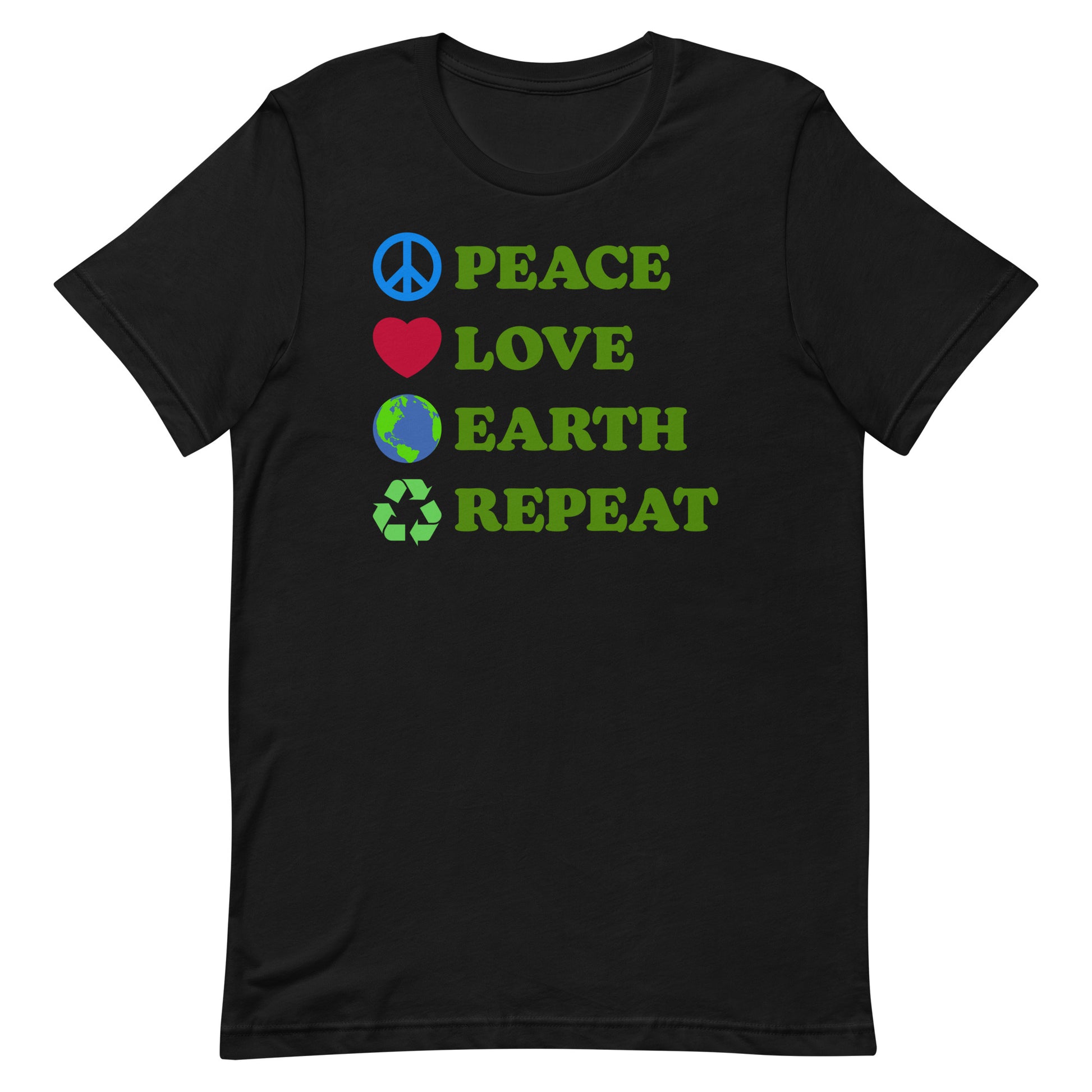 Front View Image: Peace Love Earth Repeat t-shirt displayed flat with full front graphic