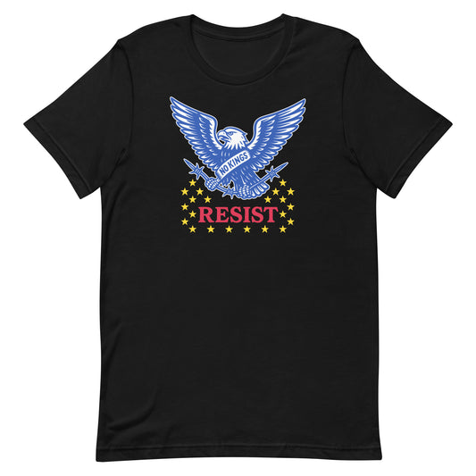 Front view of the Resist: "No Kings In America" Anti-Trump Patriotic Eagle Graphic Unisex T-Shirt