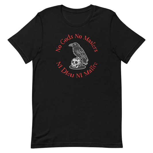 Front view of the "No Gods No Masters / Ni Dieu Ni Maître" Raven Skull Unisex T-Shirt mockup