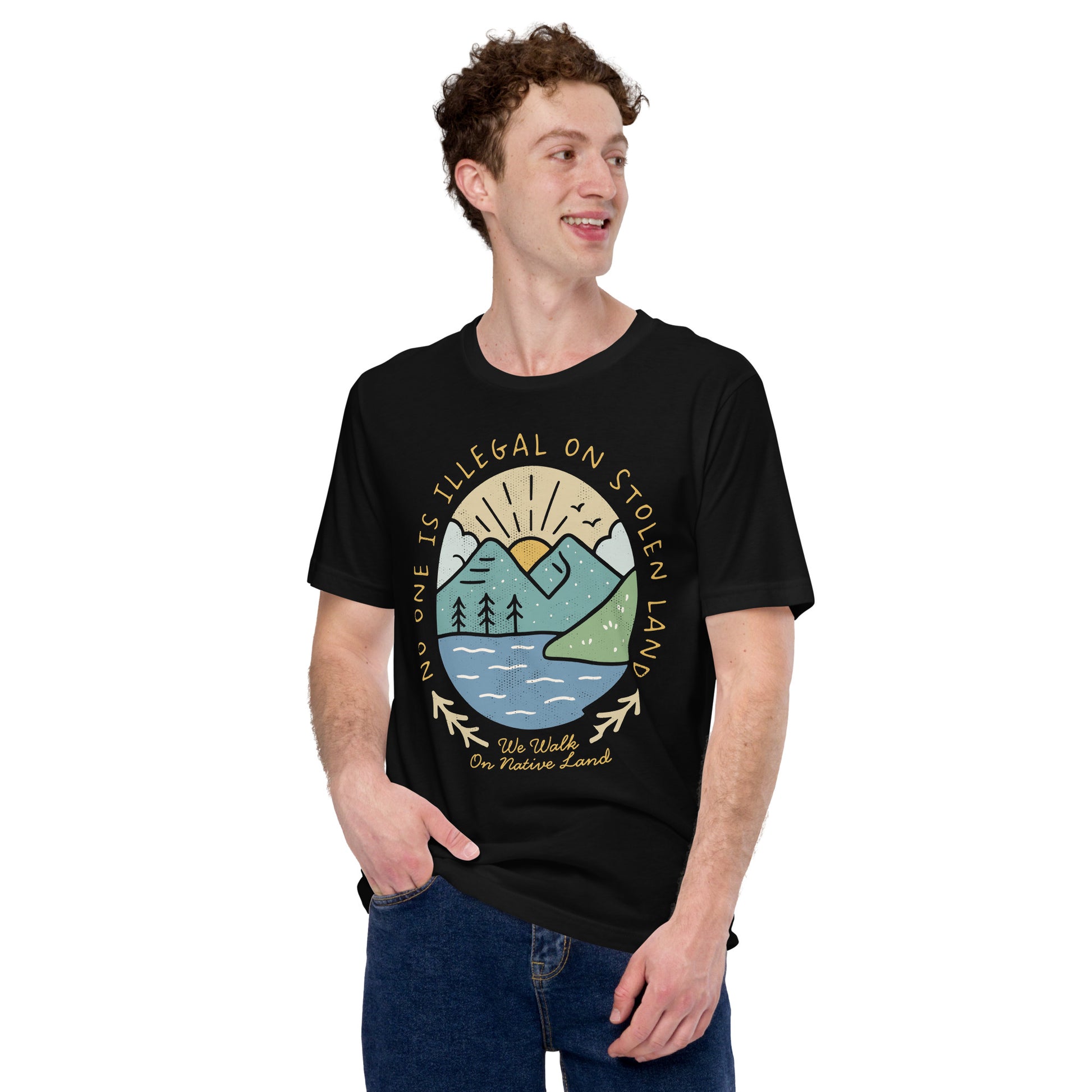 Lifestyle Image: Male activist wearing Indigenous rights protest black tee