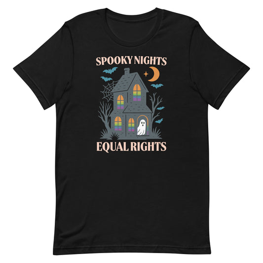 Black “Spooky Nights Equal Rights” Halloween t-shirt featuring haunted house, ghost, bats, and crescent moon.