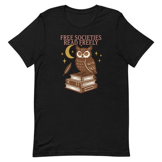 “Free Societies Read Freely” owl graphic tee with books and crescent moon design, shown on black unisex t-shirt.