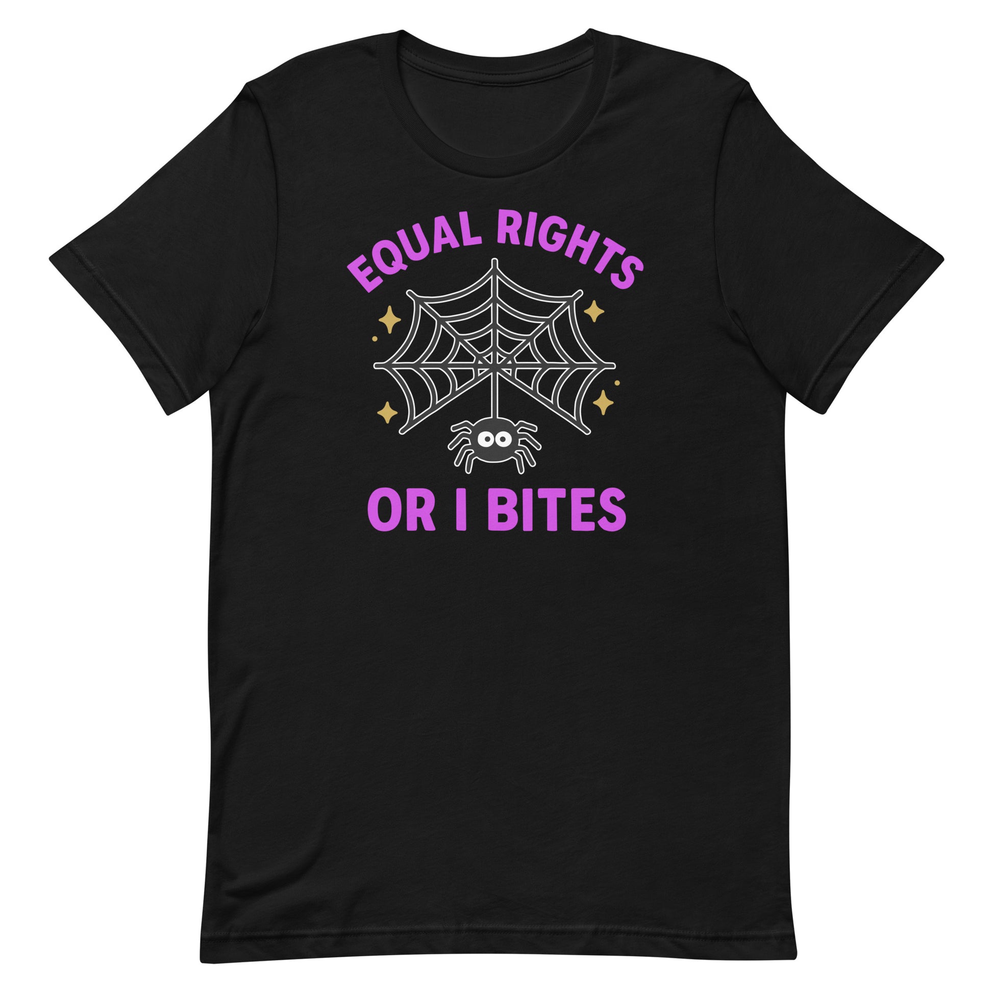 Black “Equal Rights or I Bites” Halloween spider web shirt with gold stars, feminist and progressive activist graphic tee.