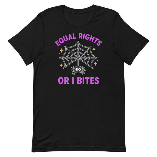 Black “Equal Rights or I Bites” Halloween spider web shirt with gold stars, feminist and progressive activist graphic tee.