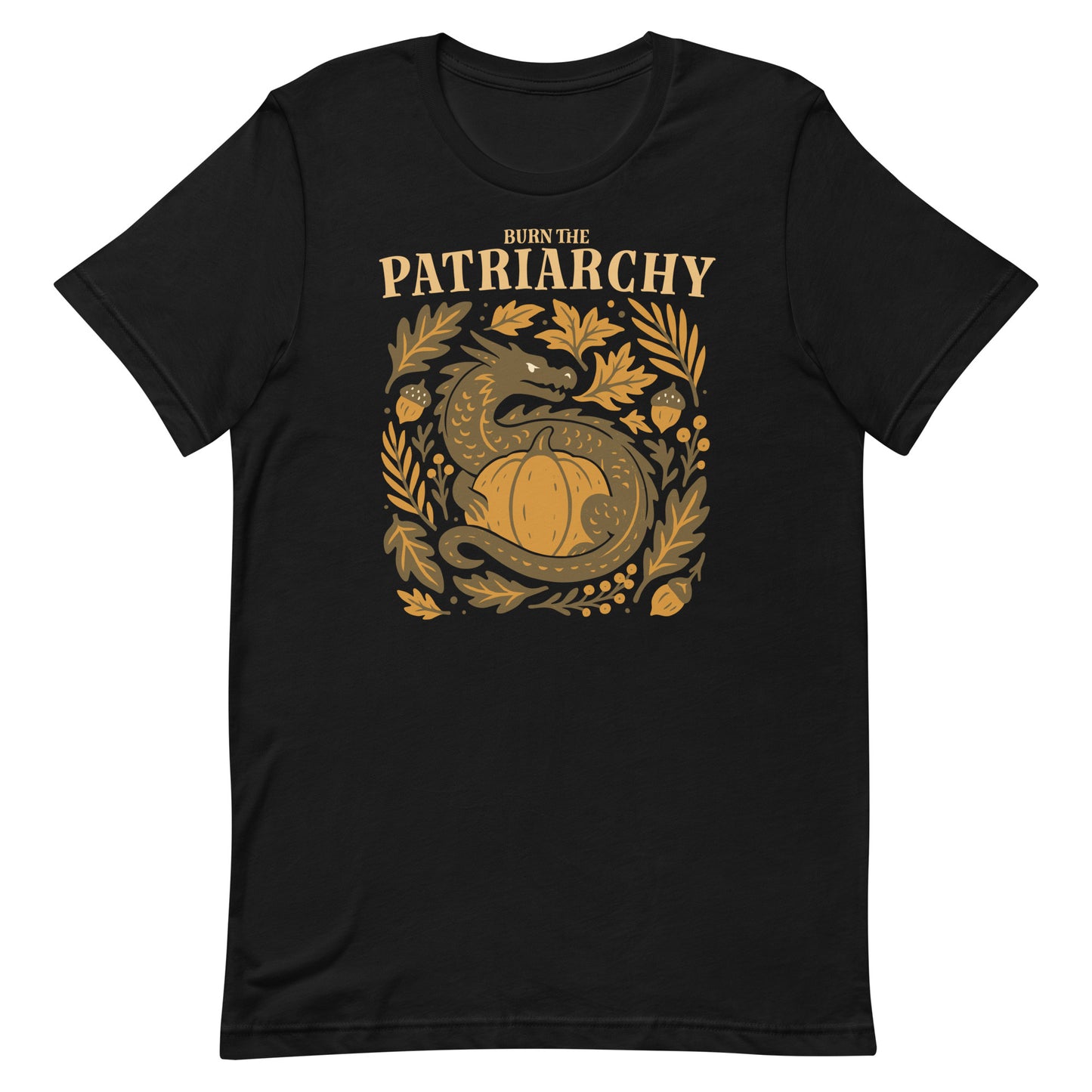 Black t-shirt with “Burn the Patriarchy” dragon and pumpkin design, feminist fall activism shirt with bold golden autumn print.