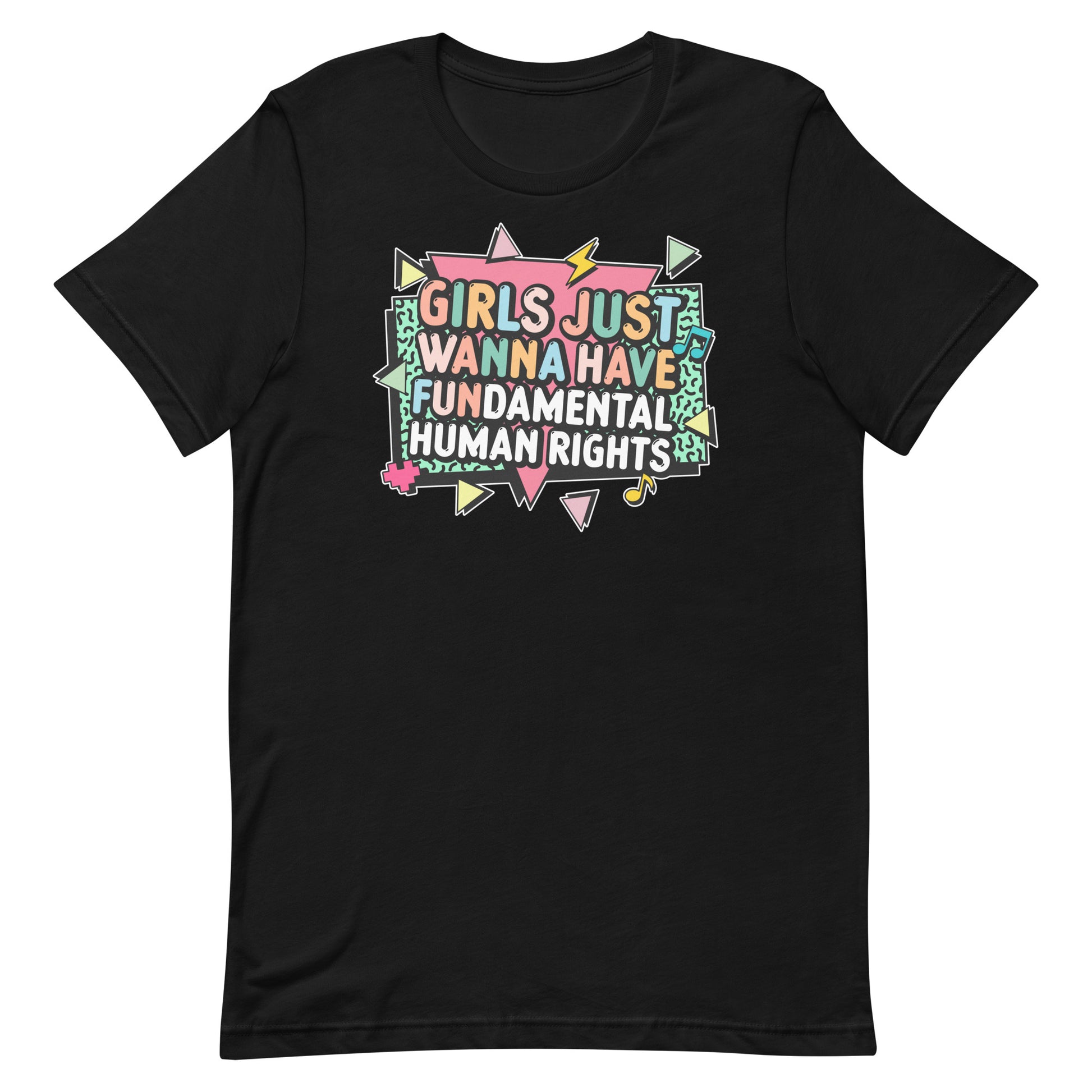 Black feminist t-shirt with retro 80s-style lightning bolts and the phrase “Girls Just Wanna Have Fundamental Human Rights.” Activist shirt by Blue Wave USA.
