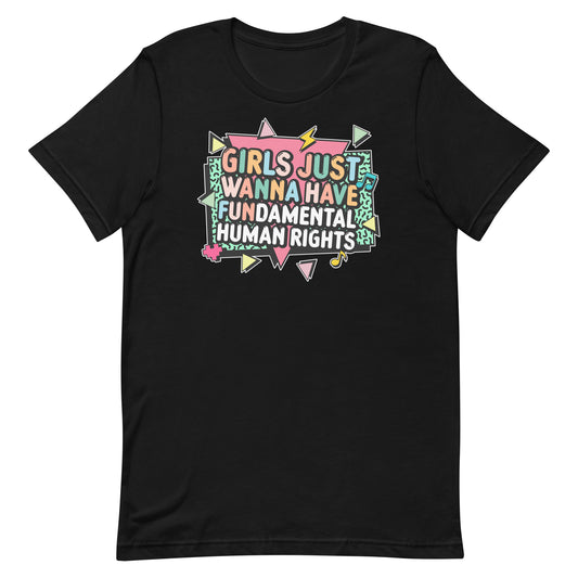 Black feminist t-shirt with retro 80s-style lightning bolts and the phrase “Girls Just Wanna Have Fundamental Human Rights.” Activist shirt by Blue Wave USA.