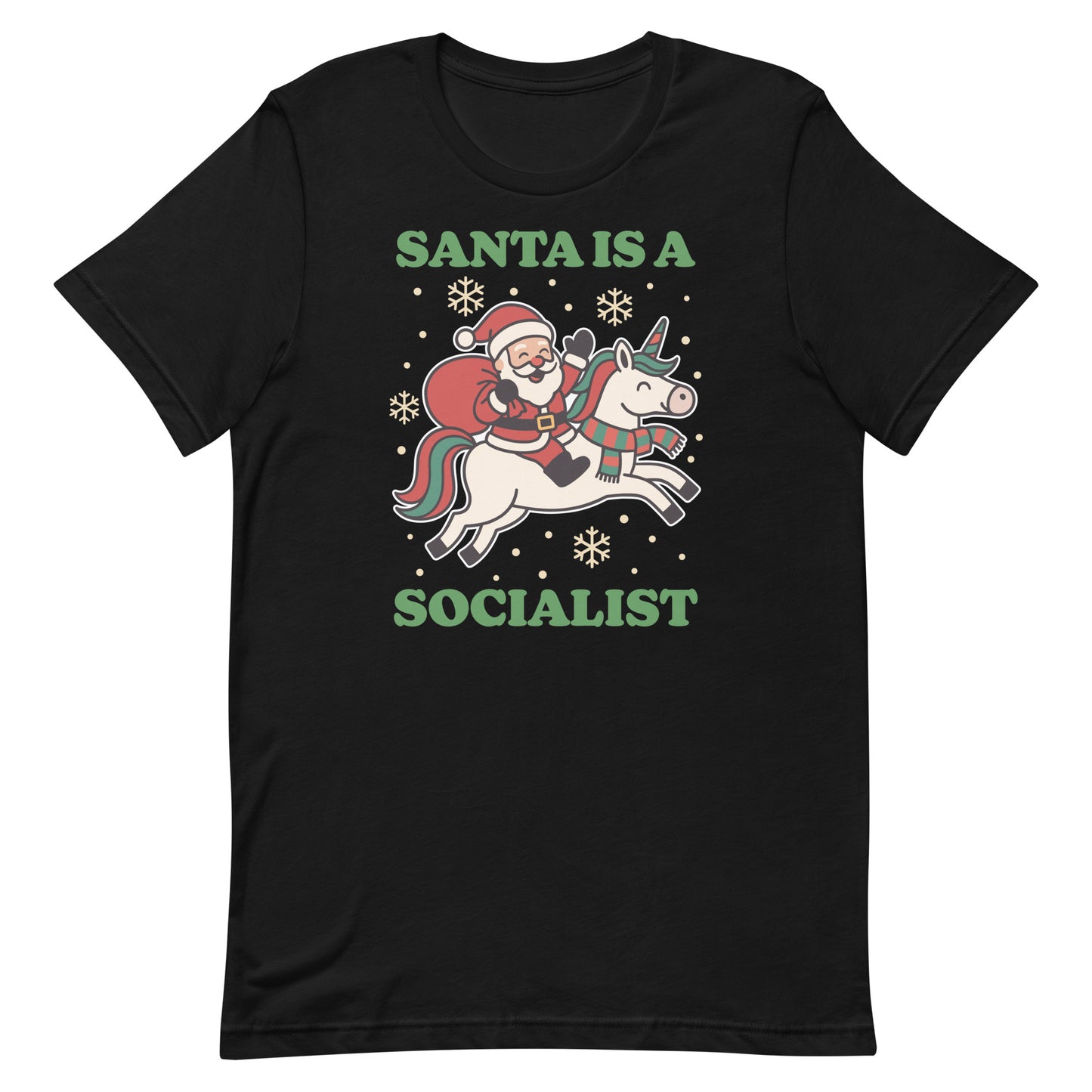 Black unisex t-shirt featuring a retro Santa riding a unicorn with holiday stars and the printed message “SANTA IS A SOCIALIST” in green text.