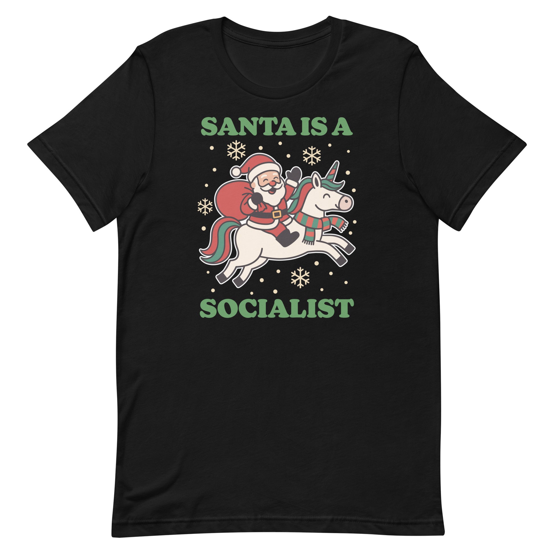 Black unisex t-shirt featuring a retro Santa riding a unicorn with holiday stars and the printed message “SANTA IS A SOCIALIST” in green text.