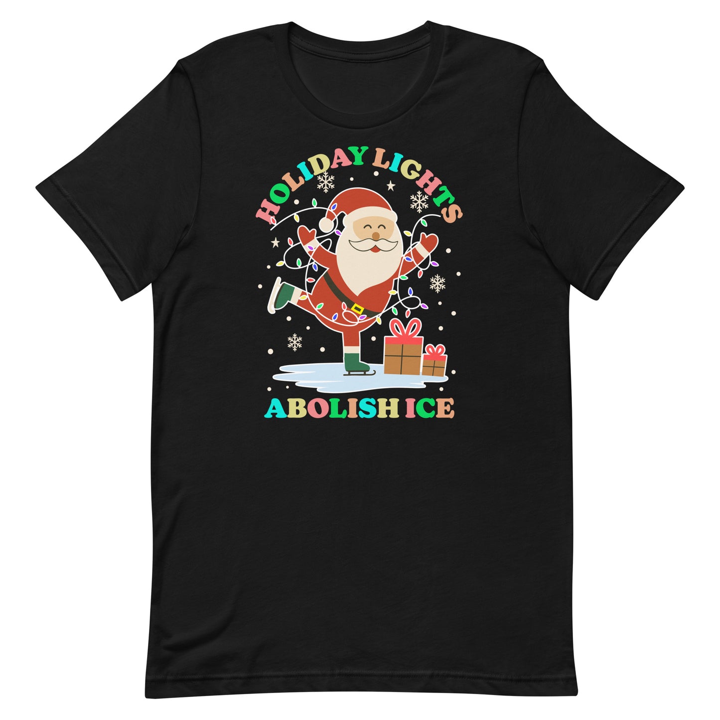 Black unisex t-shirt featuring a retro Santa illustration holding gifts with colorful lights and stars, printed with “HOLIDAY LIGHTS ABOLISH ICE,” festive activist holiday design.