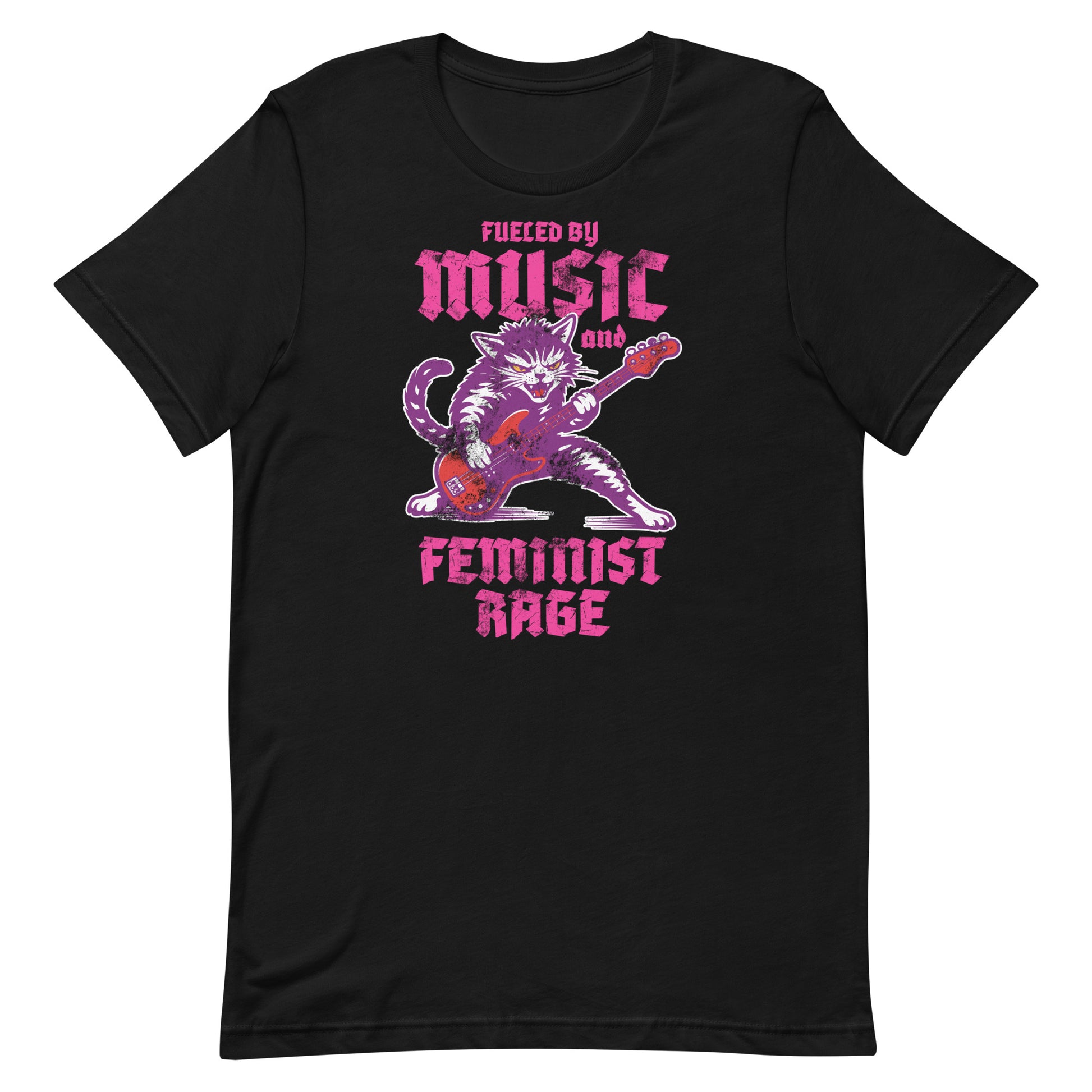 Black unisex t-shirt featuring a punk rock cat playing electric guitar with bold gothic lettering reading “FUELED BY MUSIC AND FEMINIST RAGE,” vibrant purple and pink graphic centered.