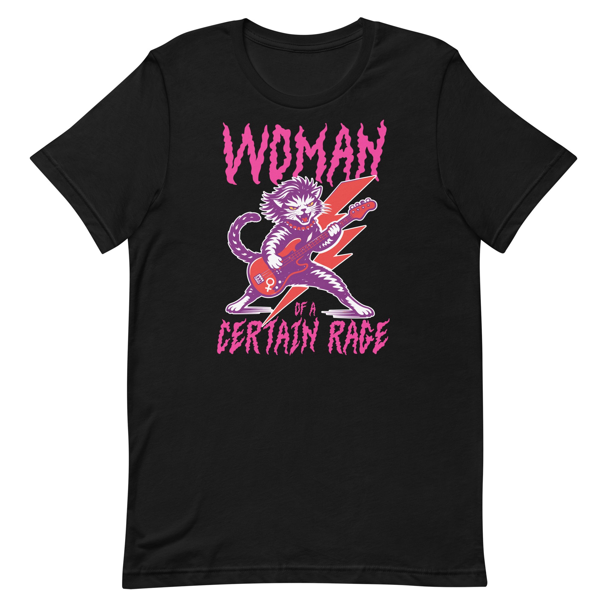 Black unisex t-shirt featuring a feminist punk rock cat playing electric guitar with bold distressed lettering reading “WOMAN OF A CERTAIN RAGE,” vibrant pink and purple graphic centered.