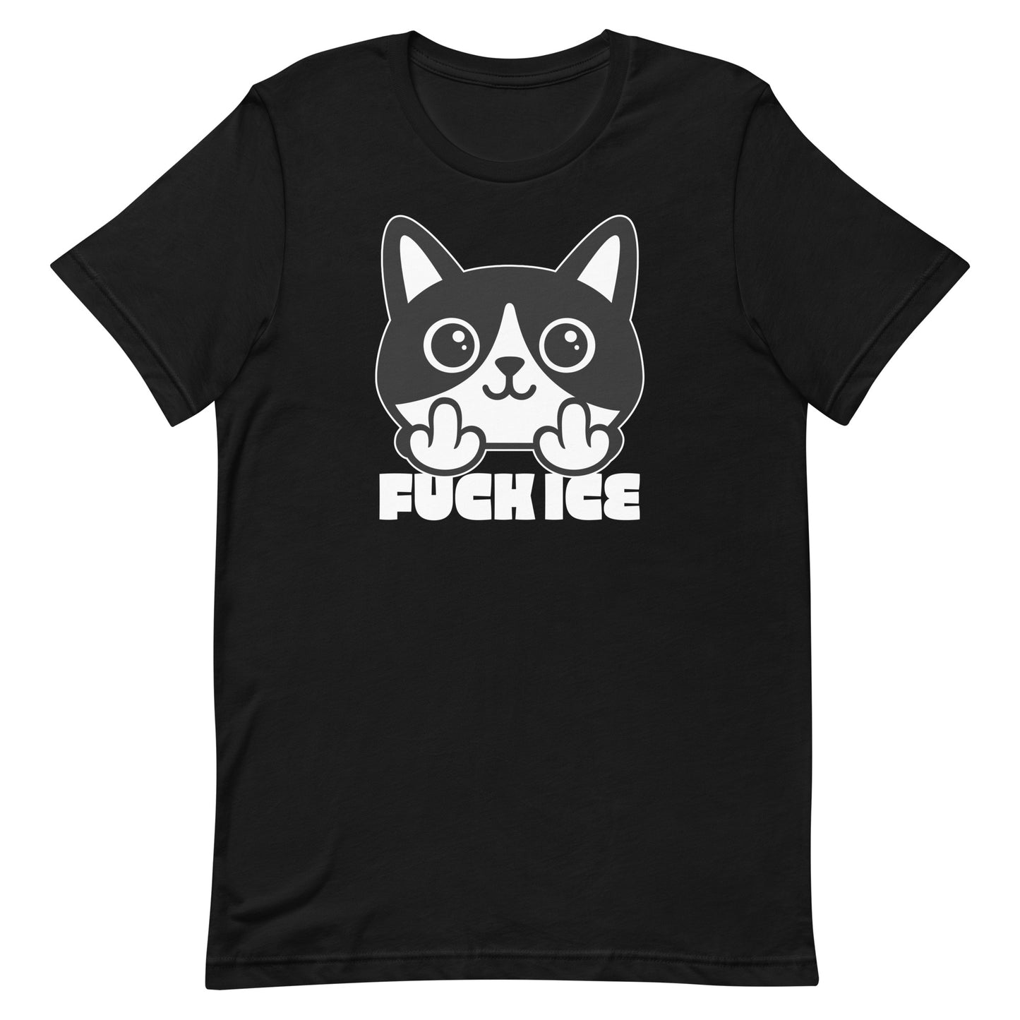 Black t-shirt featuring bold graphic cartoon cat flipping the middle finger, thick white line art, centered layout, printed message “FUCK ICE,” black garment color.