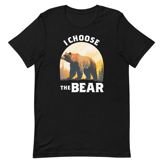 Black unisex t-shirt featuring bear illustration inside sunset circle with phrase “I Choose The Bear,” women empowerment activist apparel from Blue Wave USA.