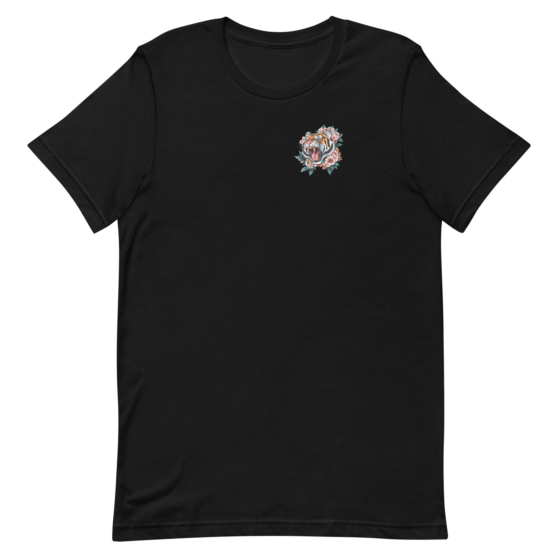 Black unisex t-shirt featuring small tiger emblem on front chest, minimalist companion artwork for “Women Don’t Owe You Sh*t” feminist activist design.