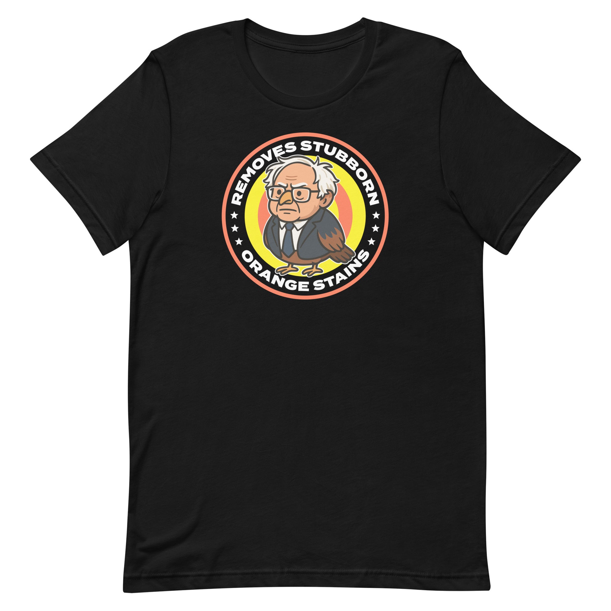 Unisex black T-shirt featuring Birdie Sanders parody detergent badge with “Removes Stubborn Orange Stains” text, playful political humor graphic for progressive apparel.
