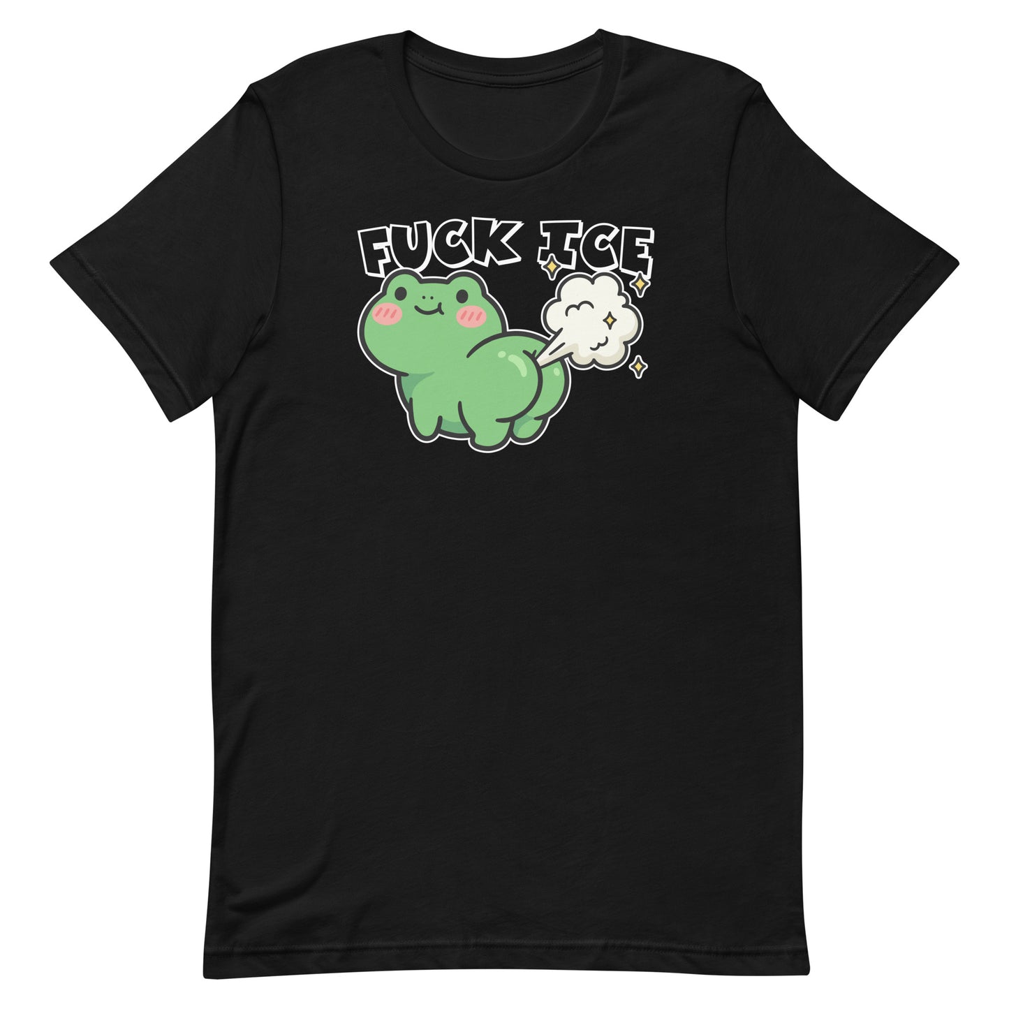 Unisex black T-shirt featuring cartoon frog with gas cloud and “Fuck ICE” text, bold anti-ICE protest graphic in playful activist design style.