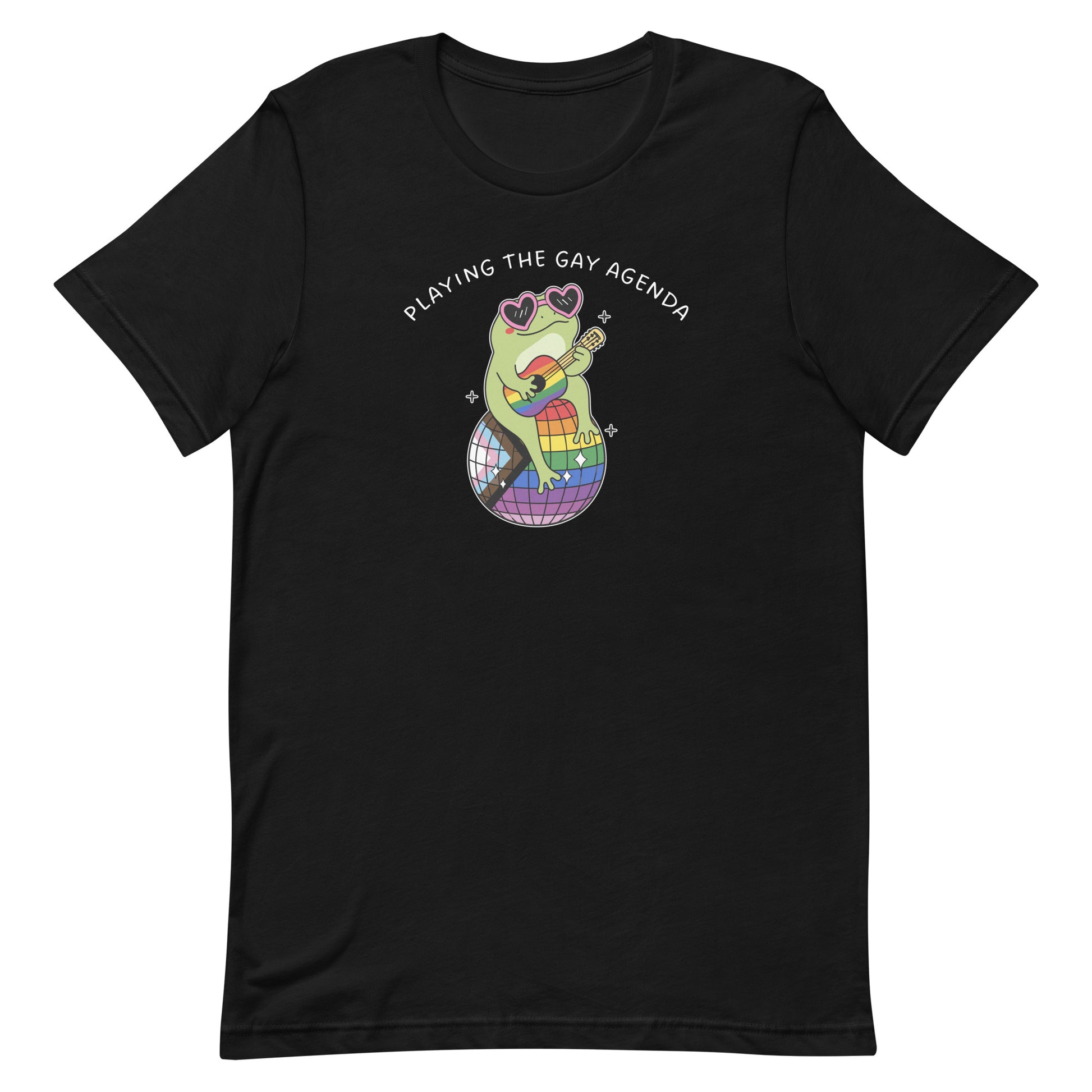 Black unisex pride t-shirt featuring a stylish frog wearing heart-shaped sunglasses and sitting on a rainbow disco ball with “Playing the Gay Agenda” text.