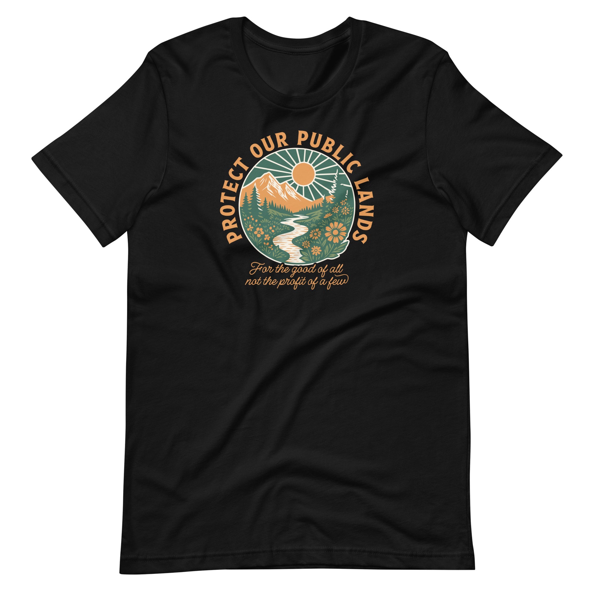 Black environmental advocacy t-shirt featuring a vintage-inspired landscape design with mountains, river, wildlife, and the message “Protect Our Public Lands.”