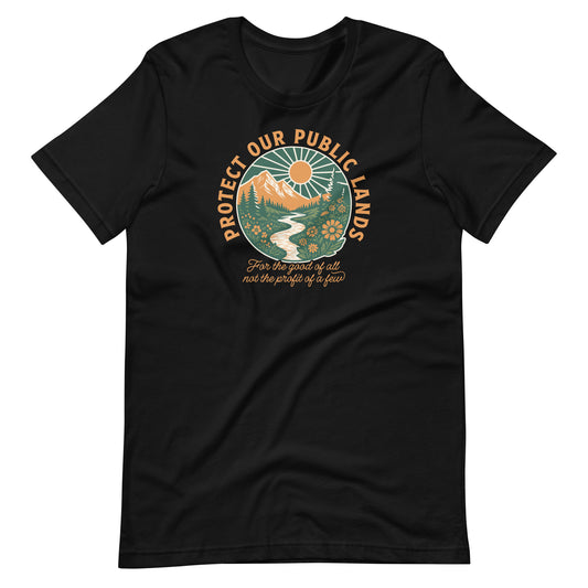 Black environmental advocacy t-shirt featuring a vintage-inspired landscape design with mountains, river, wildlife, and the message “Protect Our Public Lands.”