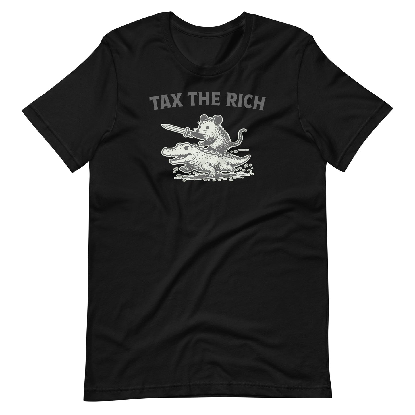 Black unisex t-shirt featuring a vintage-style opossum riding an alligator with the phrase “Tax the Rich” in bold distressed lettering.