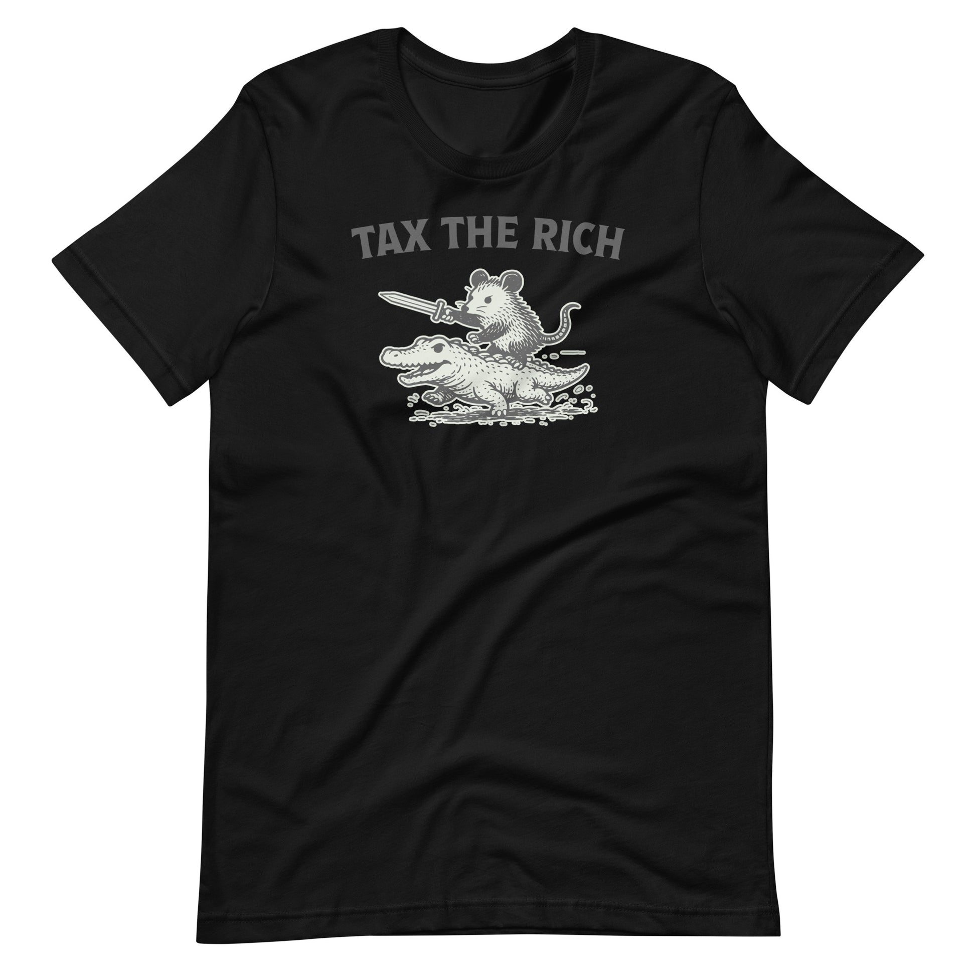 Black unisex t-shirt featuring a vintage-style opossum riding an alligator with the phrase “Tax the Rich” in bold distressed lettering.