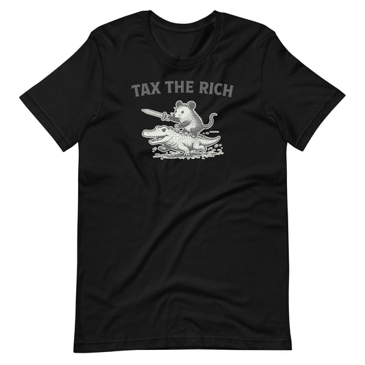 Black unisex t-shirt featuring a vintage-style opossum riding an alligator with the phrase “Tax the Rich” in bold distressed lettering.