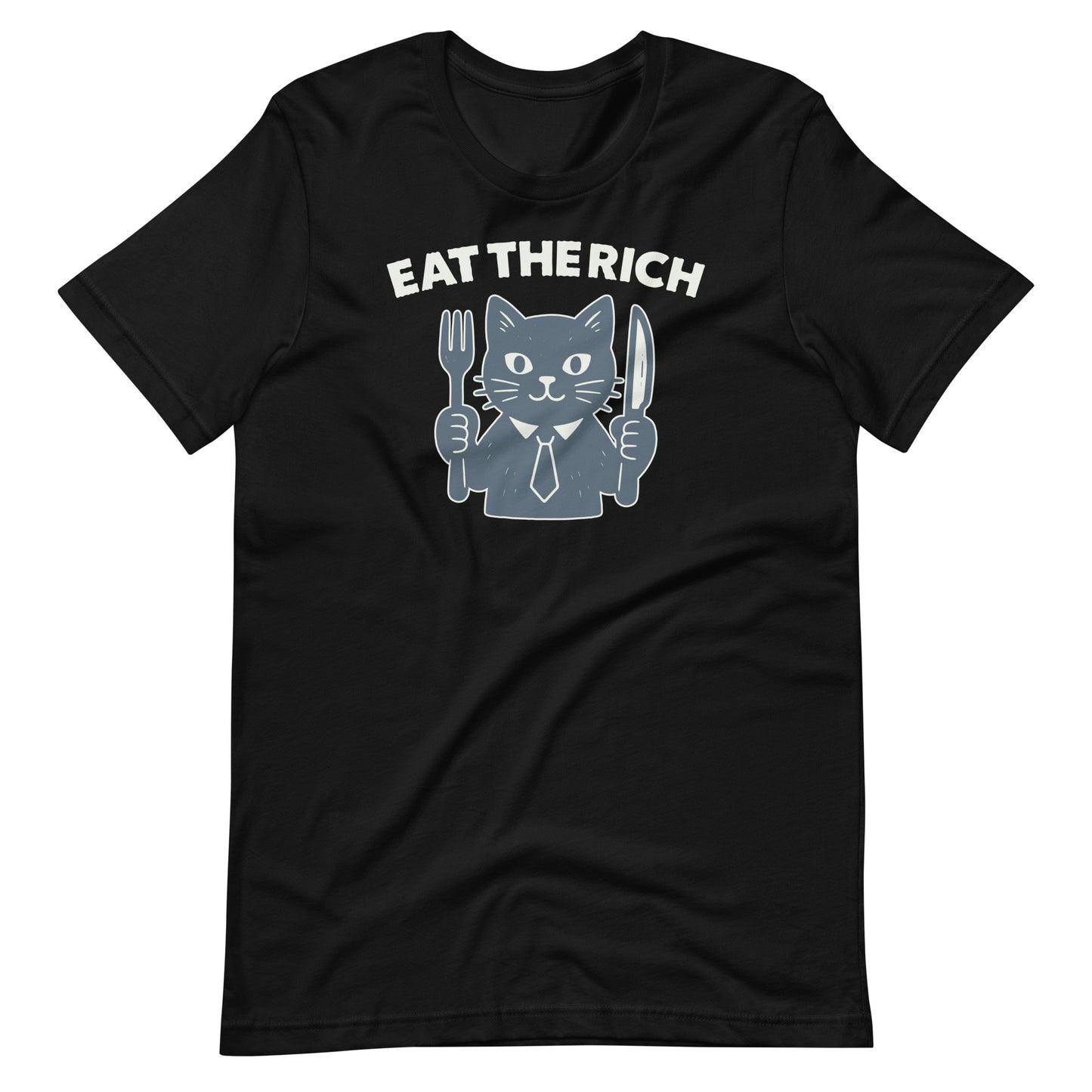 Black unisex protest t-shirt featuring a cartoon cat holding a fork and knife with the bold anti-corporate slogan “Eat the Rich.”