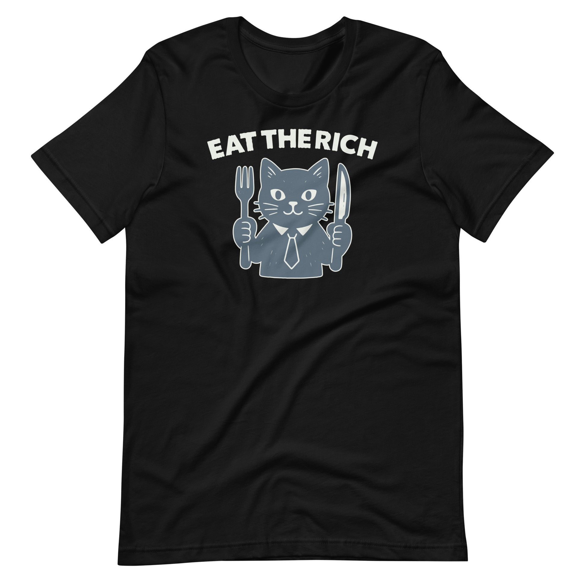 Black unisex protest t-shirt featuring a cartoon cat holding a fork and knife with the bold anti-corporate slogan “Eat the Rich.”