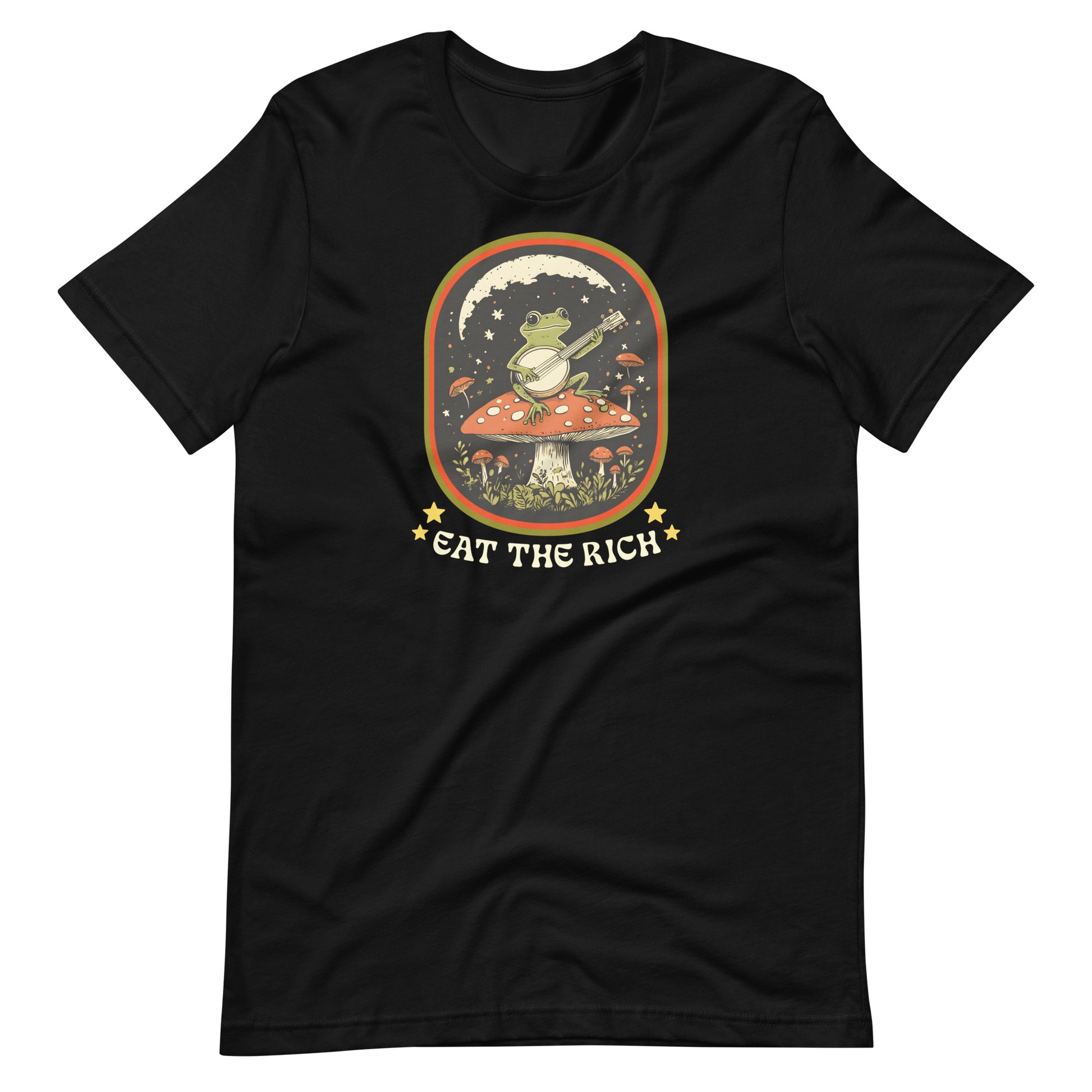 Black anti-capitalism t-shirt featuring a banjo-playing frog surrounded by stars and vintage-inspired artwork with the phrase “Eat The Rich.”