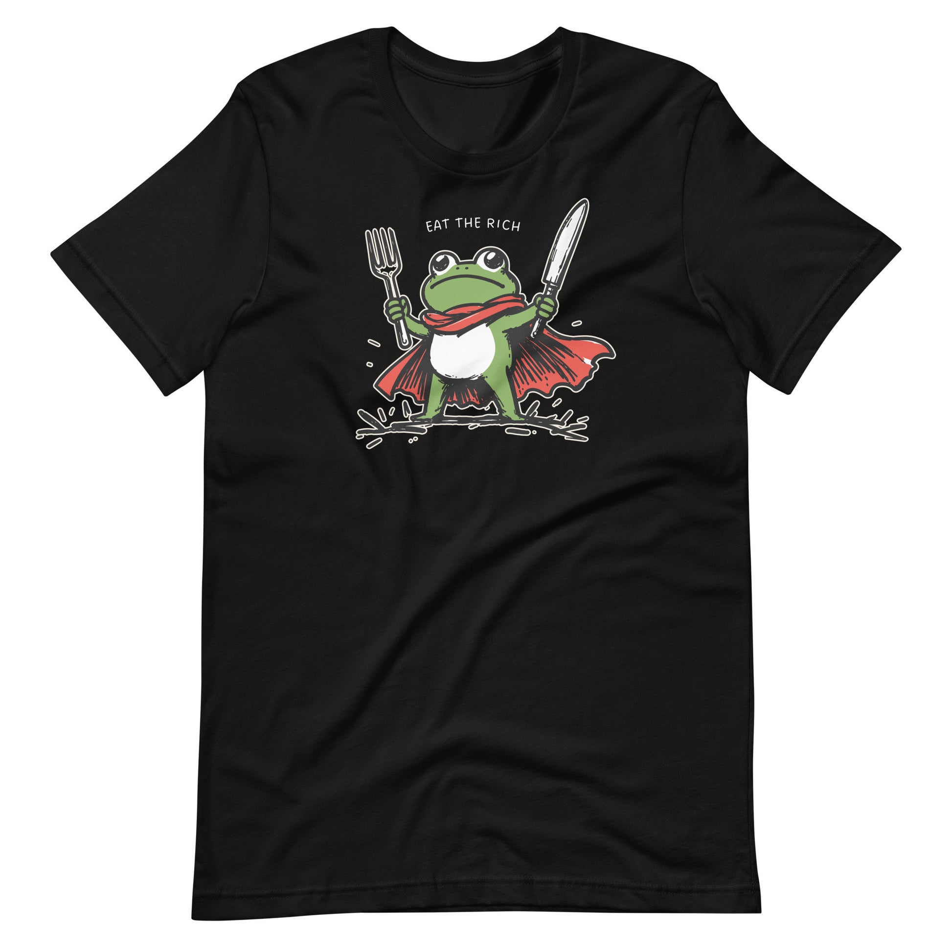 Black unisex protest t-shirt featuring a heroic frog holding a fork and knife with a cape and the bold anti-corporate slogan “Eat the Rich.”