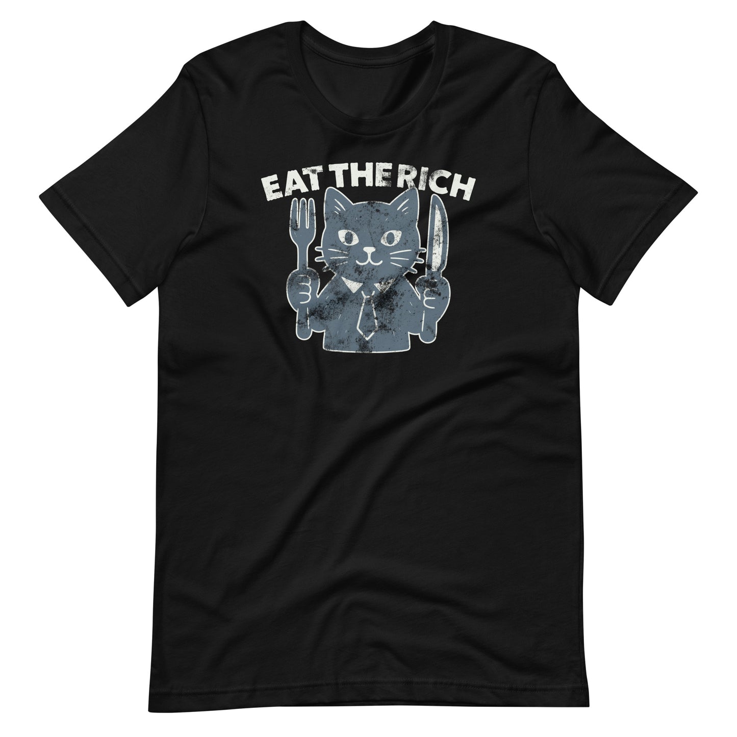 Black unisex protest t-shirt featuring a cartoon cat holding a fork and knife with the bold anti-corporate slogan “Eat the Rich.”