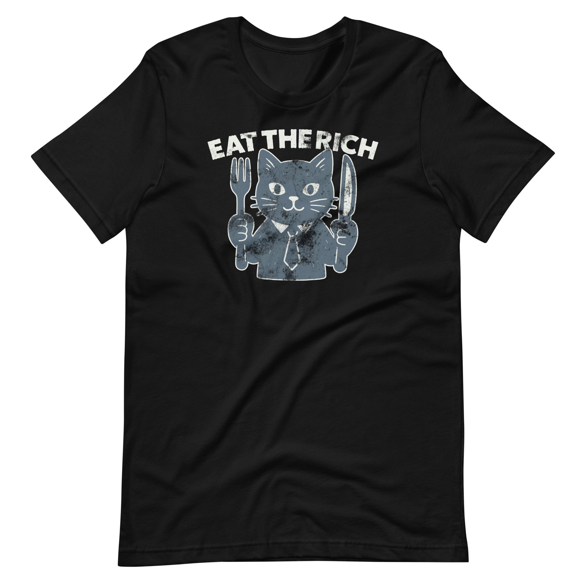 Black unisex protest t-shirt featuring a cartoon cat holding a fork and knife with the bold anti-corporate slogan “Eat the Rich.”