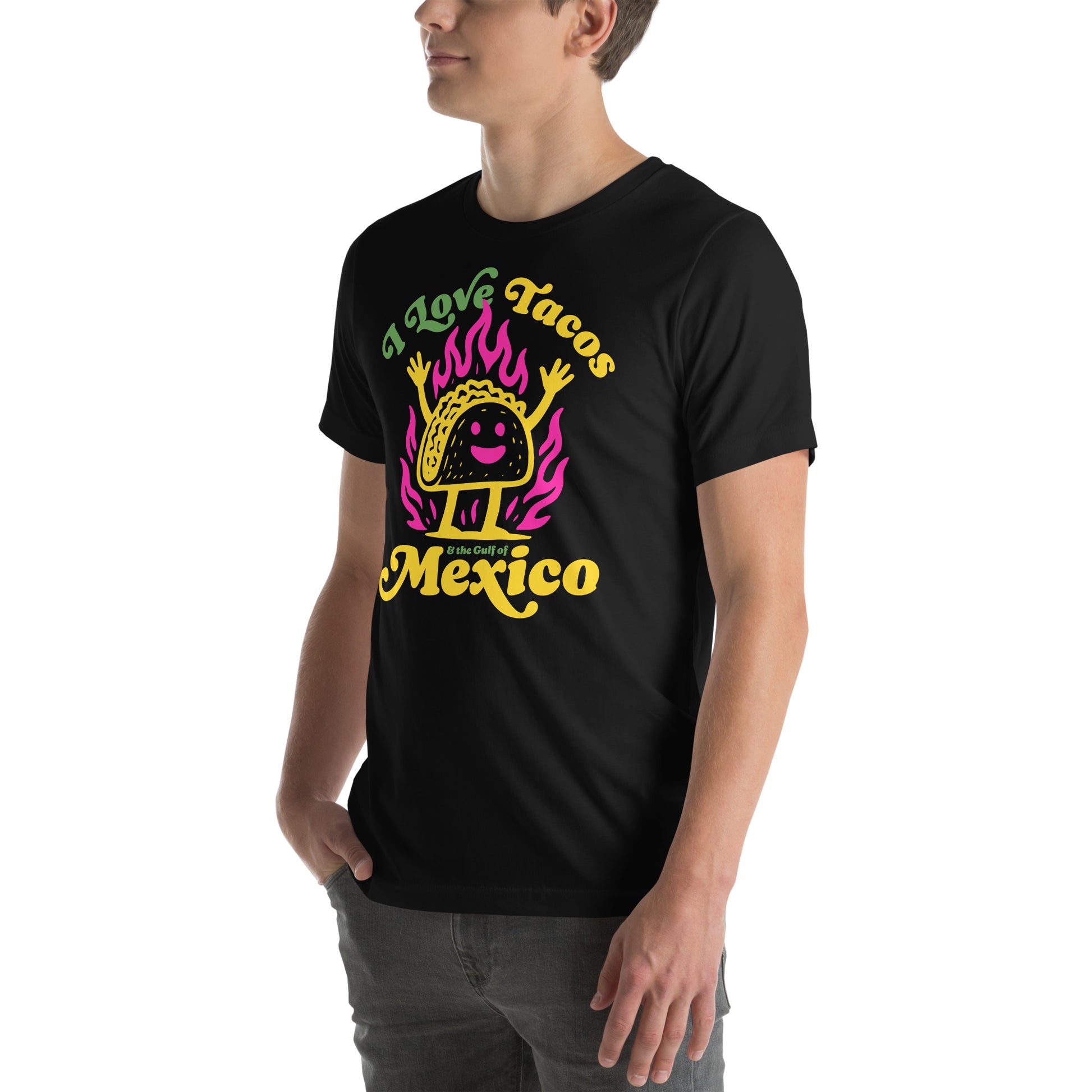 Lifestyle Image: “Model wearing political taco shirt celebrating the Gulf of Mexico and cultural pride”