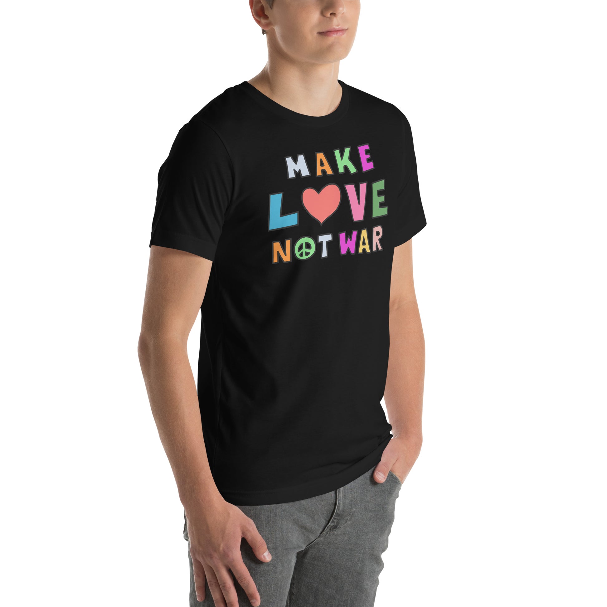 Lifestyle Image: Model wearing the peace and love shirt in a casual or protest setting