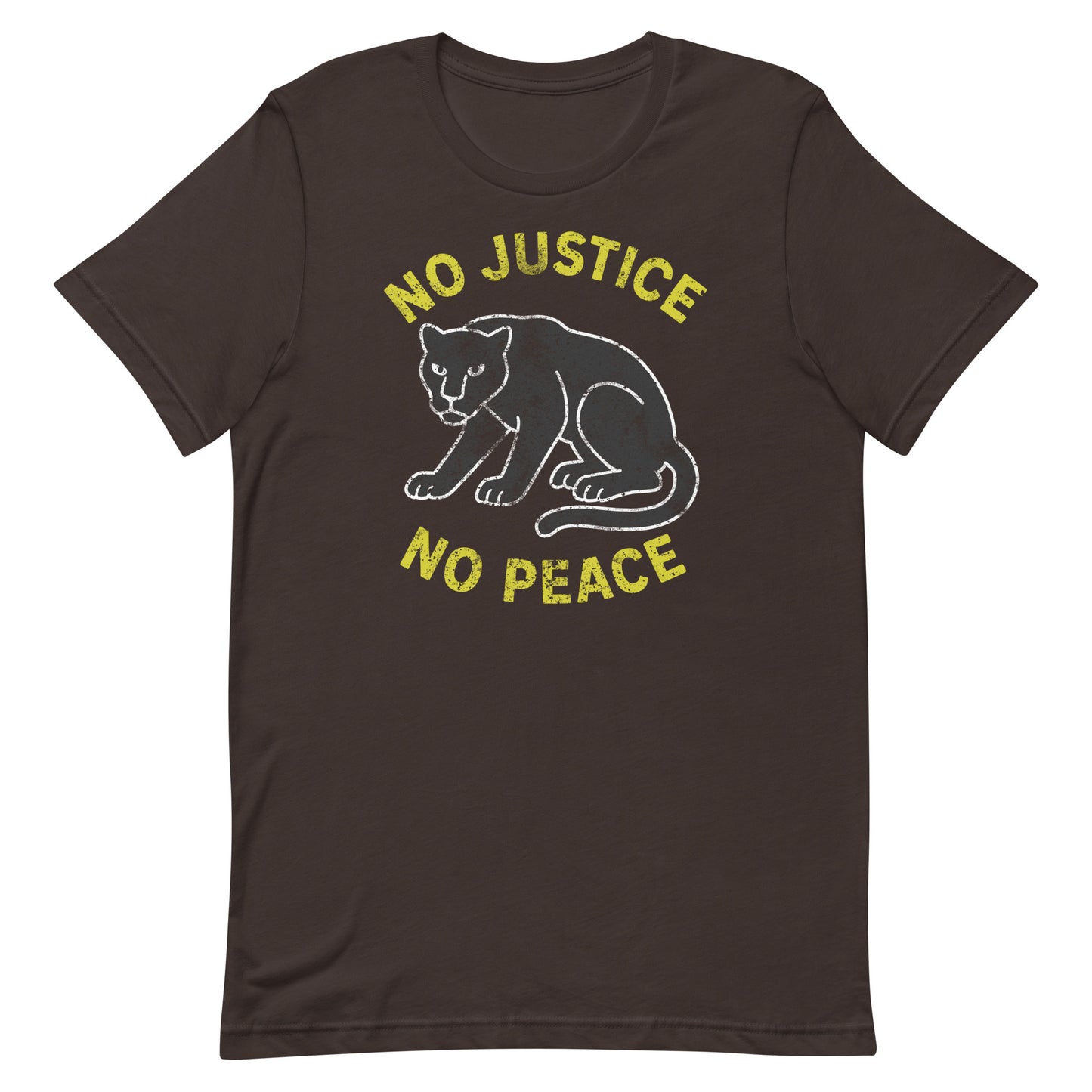 Brown unisex t-shirt featuring “NO JUSTICE NO PEACE” and chalk-style panther artwork. Activist design promoting solidarity and justice.