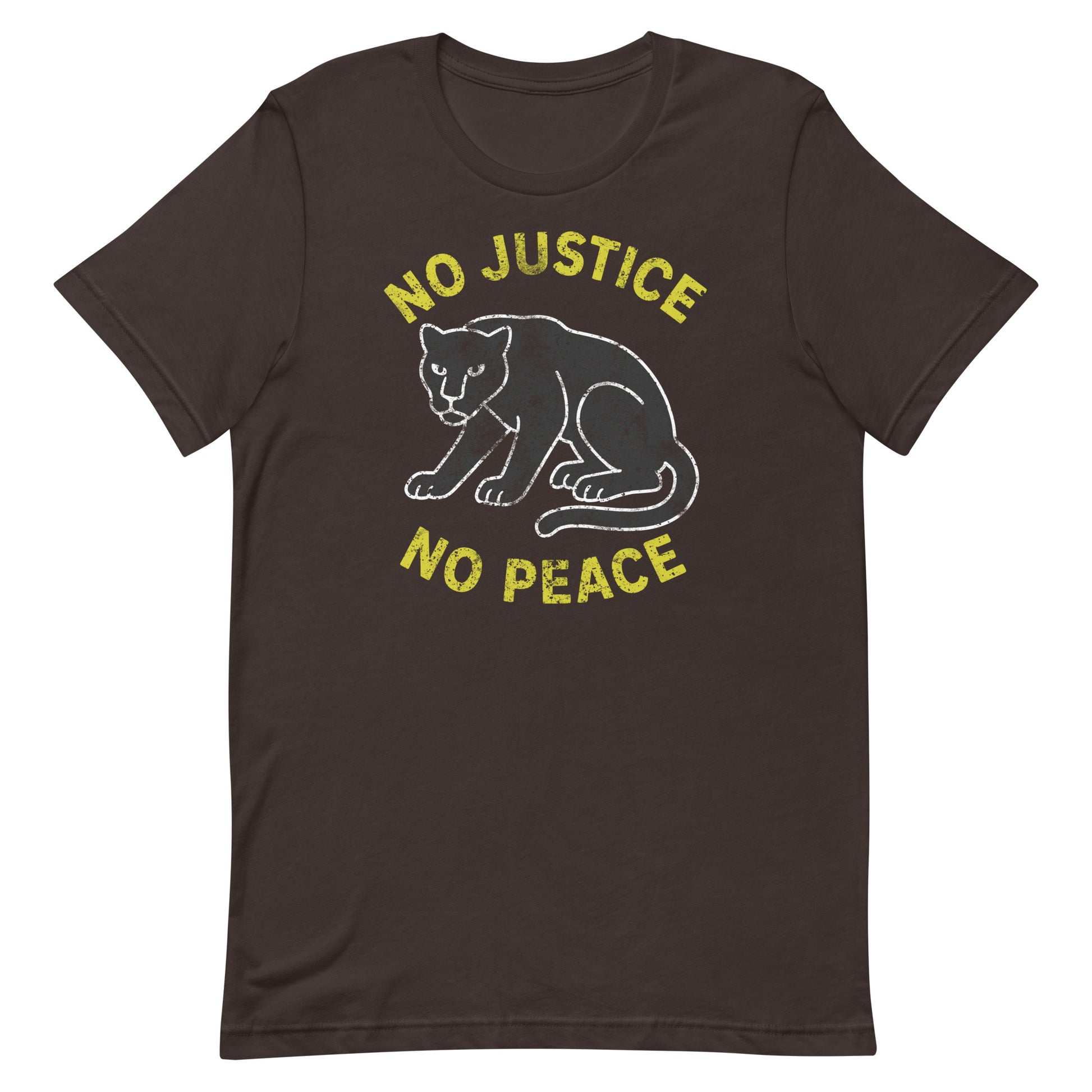 Brown unisex t-shirt featuring “NO JUSTICE NO PEACE” and chalk-style panther artwork. Activist design promoting solidarity and justice.