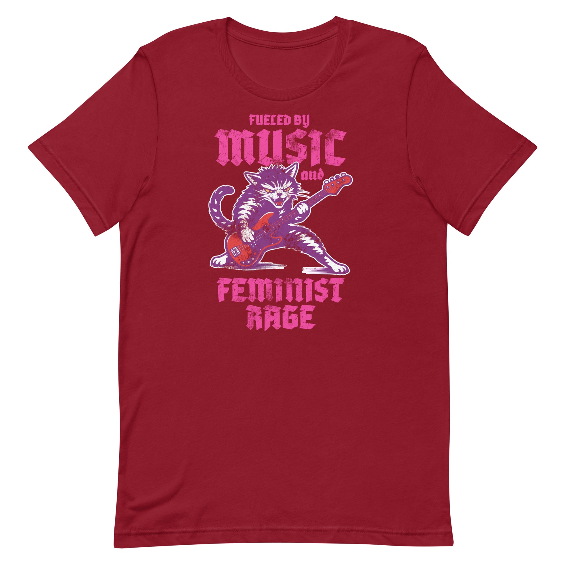 Cardinal red unisex t-shirt shown flat, displaying the punk rock cat illustration and gothic text reading “FUELED BY MUSIC AND FEMINIST RAGE,” bold feminist graphic centered. mockup